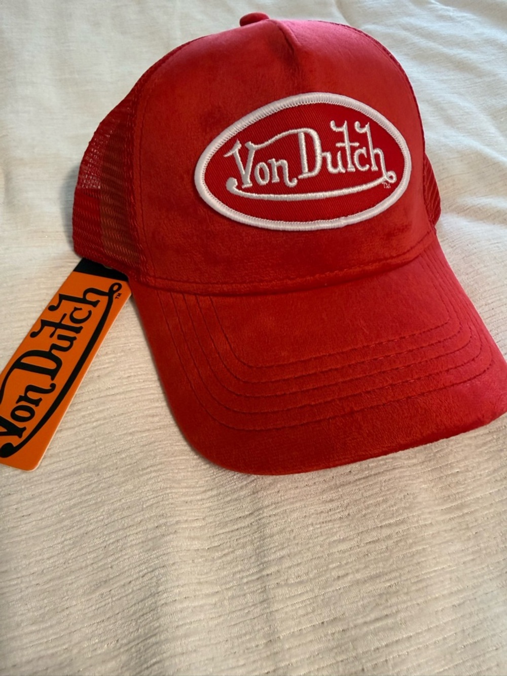 NWT Von Dutch Trucker Hat Astro Dust Velvet Embroidered  Cap Red Cap with Logo